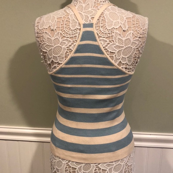 VINCE Cotton Racerback Tank Striped Ribbed Knit Sweater Baby Blue/Cream Stripes - Picture 6 of 8